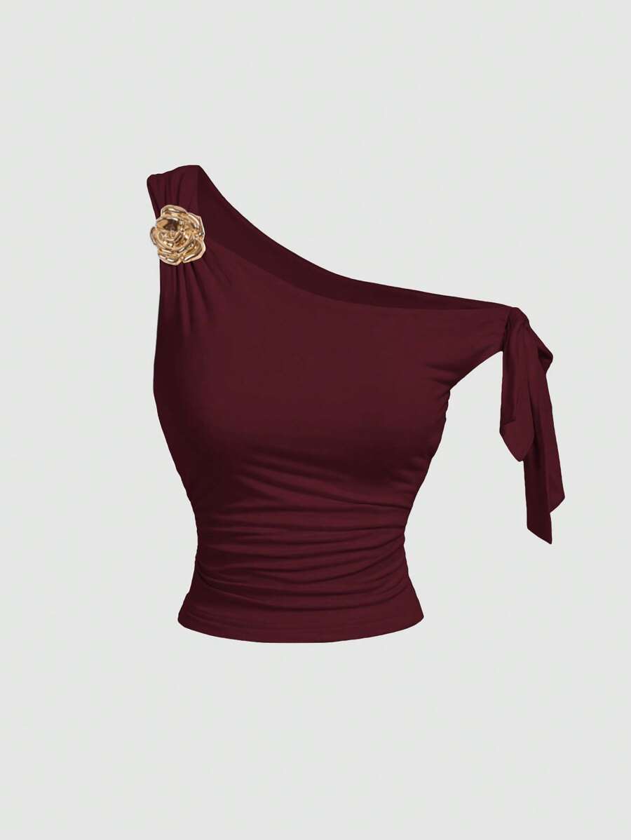 SHEIN MOD 女式不对称领口金属花卉装饰酒红色背心 - 酒紅色 - 查看 1