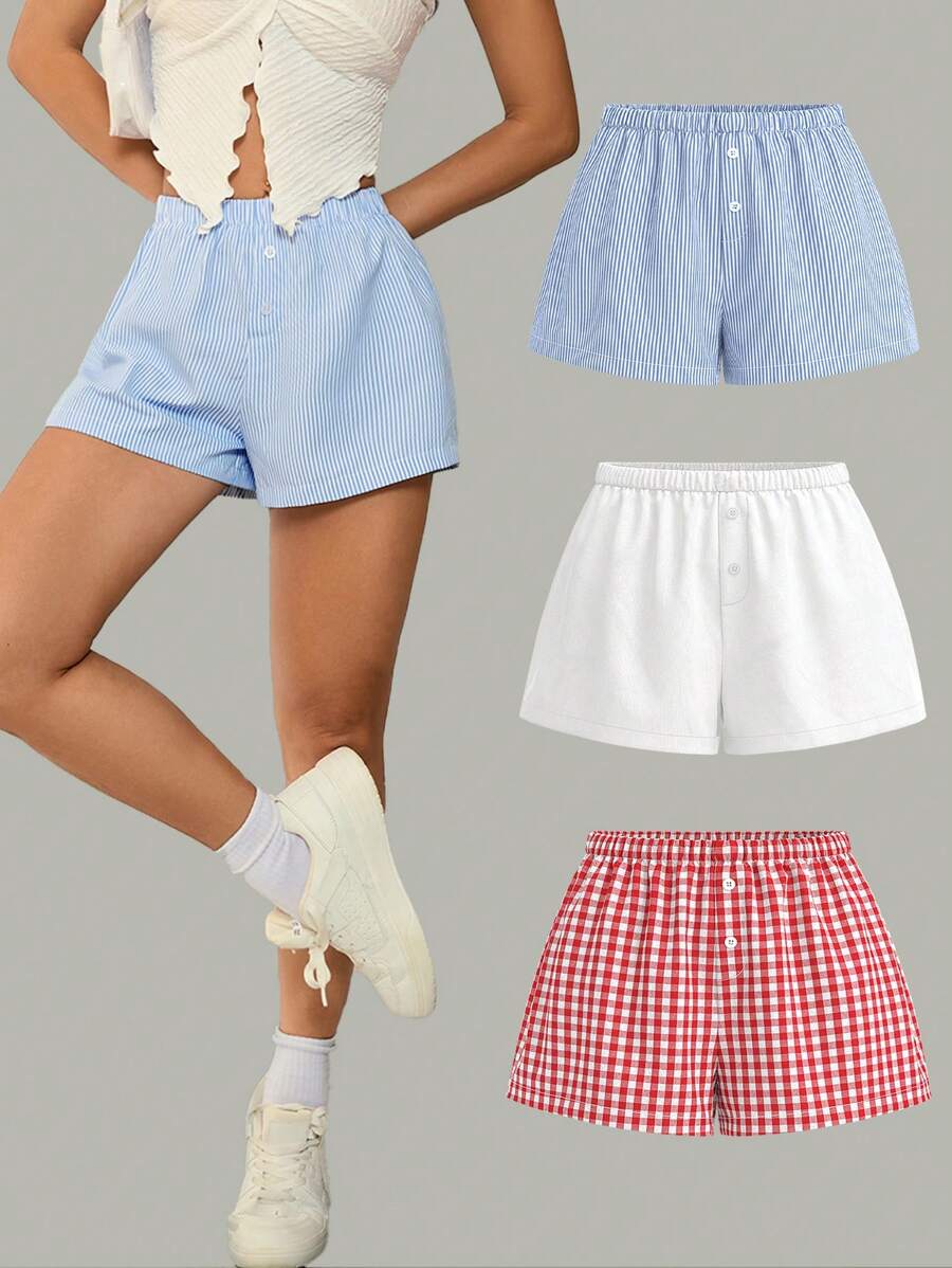 SHEIN PETITE Women's Casual 3pcs/Set Summer Casual Versatile Fashionable Multicolor Woven Shorts ,Spring / Summer,For Dailywear - Multicolor - View 1