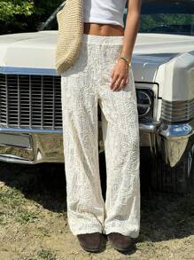 SHEIN EZwear Quần ống đứng rộng rãi họa tiết hoa lưng thun cho nữ - Màu be - Xem 1
