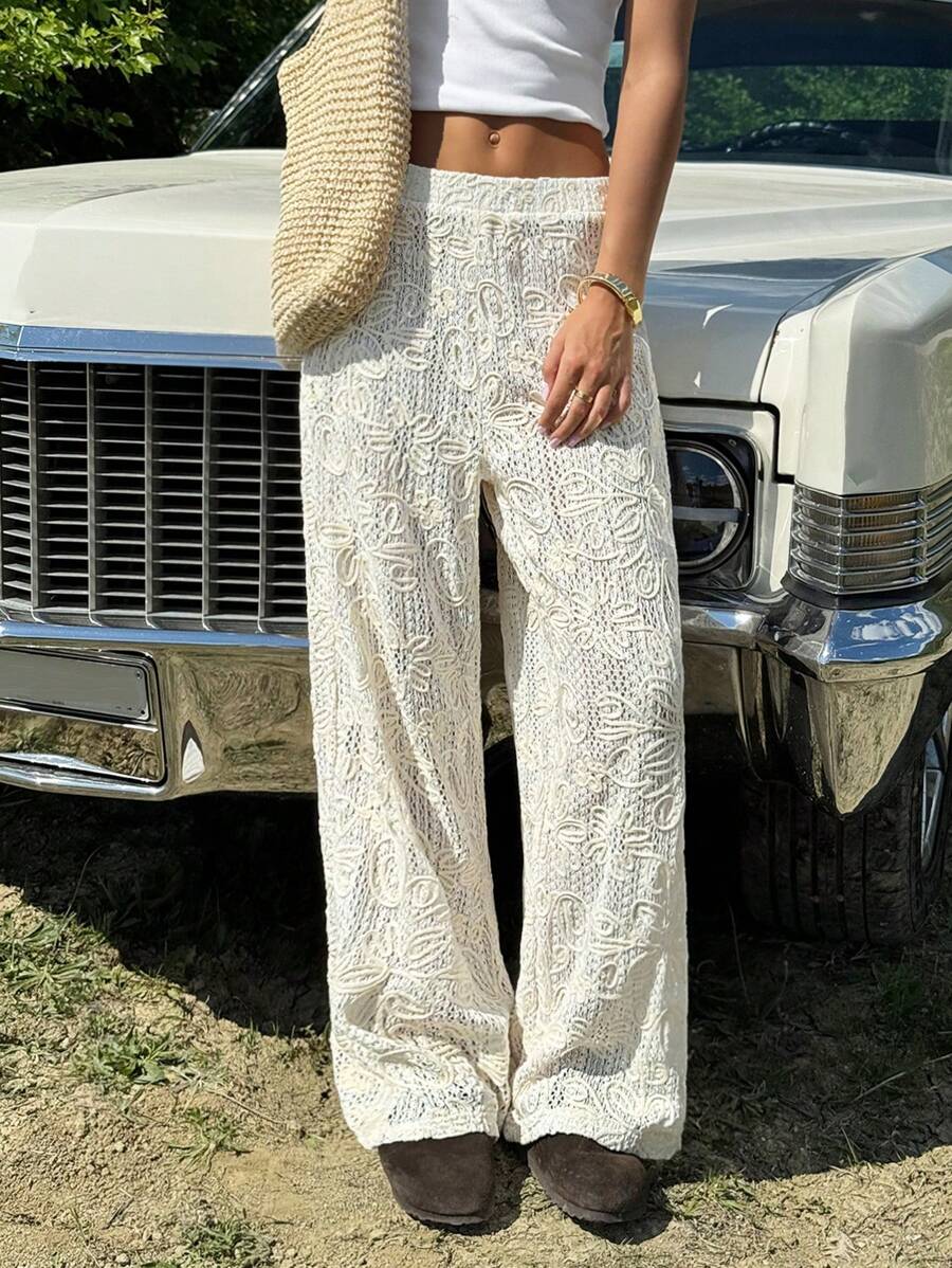 SHEIN EZwear Quần ống đứng rộng rãi họa tiết hoa lưng thun cho nữ - Màu be - Xem 1