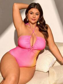 SHEIN Swim Curve Plus Size Women Random Print Halter Hollow Out One Piece Swimsuit For Summer Beach Vacation