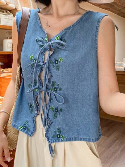 FRIFUL Women's Denim Sleeveless Blouse, Embroidery Flower Tie-Front Casual Loose Fit, Suitable For Vacation And Festivals,Back To School Clothes