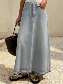 DAZY 女士浅色口袋设计休闲百搭长款牛仔裙 - 淺藍色 - 查看 3