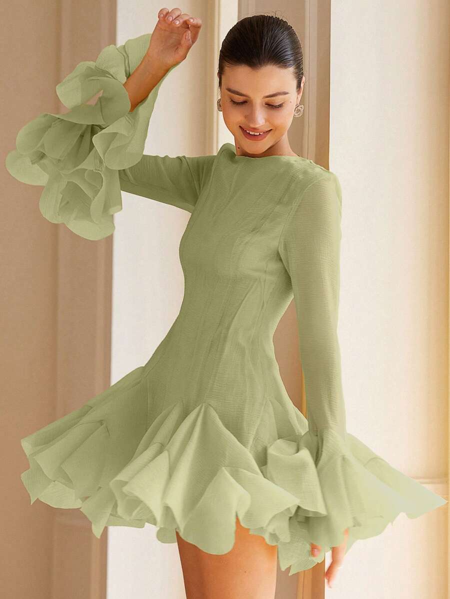 BELROSIE French Luxe High-End Elegant Lady Design With Flounced Hem & Bell Sleeves, Textured Fabric Women Short Dress Fall Cloth For Women - Green - View 1