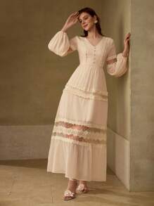 MOTF PREMIUM VESTIDO CON VOLANTE DE ENCAJE DE CONTRASTE - Rosa - Ver 5