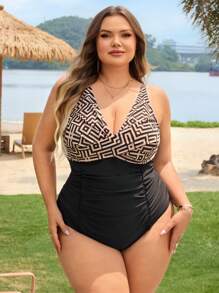 SHEIN CURVE+ 大码女式连体休闲优雅深V领聚拢修身数码印花沙滩泳衣 - 彩色 - 查看 7