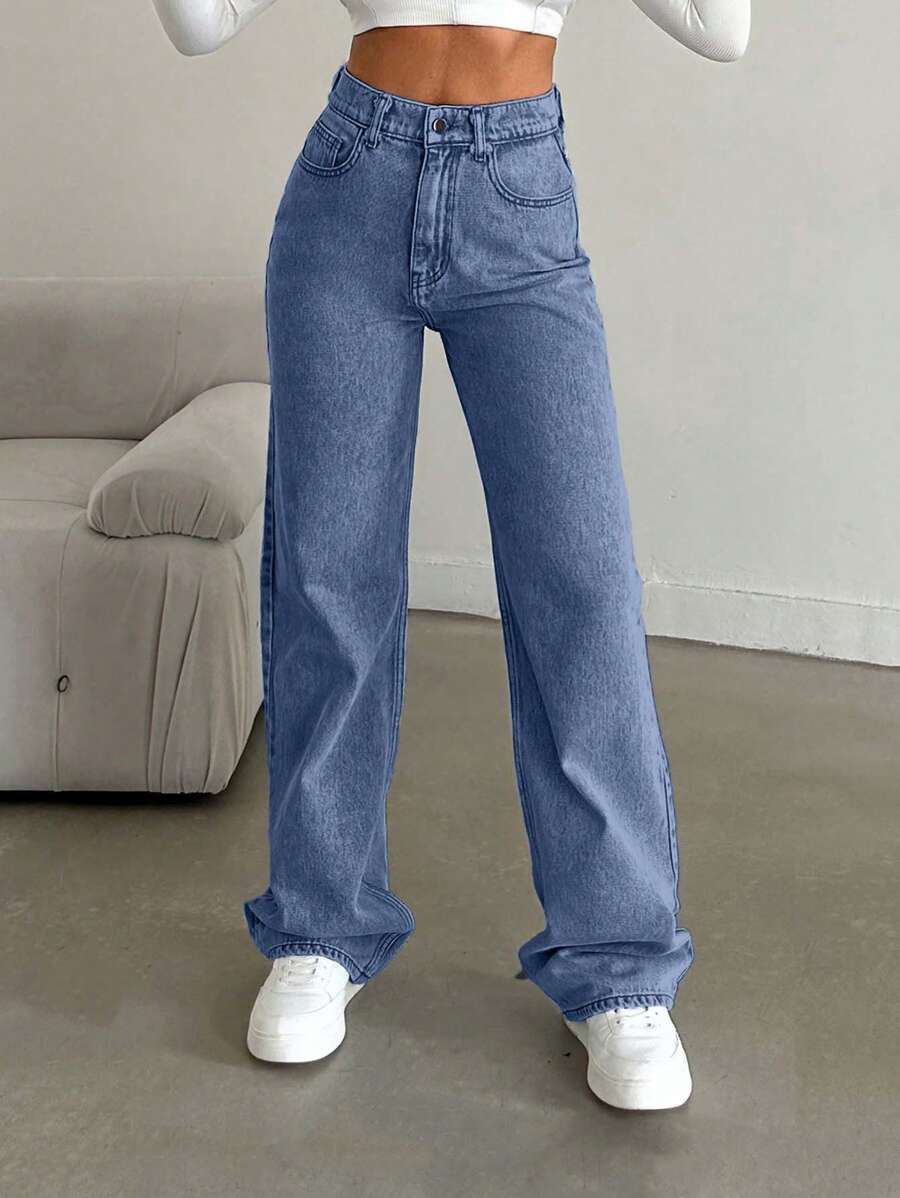 EURMUSE Snow Wash Straight Leg Jeans High Rise ,Petite Women - Medium Wash - View 1