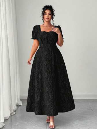 Elenzga Plus Size Women Fashion Elegant Commuter Vintage Floral Jacquard Red Square Collar High Waist Maxi Dress, Suitable For Summer, Back To School, Graduation, Holidays, Valentine's Day, Music Festival, Mother's Day, Christmas, Halloween, Thanksgiving, Easter, National Day, Gala, Date Party, Outdoor Excursion