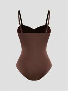 SHAPORA 1pc Women's Plain Color Fashionable Bodysuit Shapewear, Suitable For Summer - Brown - View 2