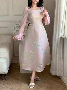 DAZY Fall New Elegant Plant Printed Ruffle Hem Midi Dress For Women Long Sleeve Dress Floral Dresses For Women - Pink - View 3