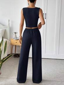 SHEIN EZwear Deep Blue Summer Vacation Knitted Texture Camisole & Pants Set - Navy Blue - View 2