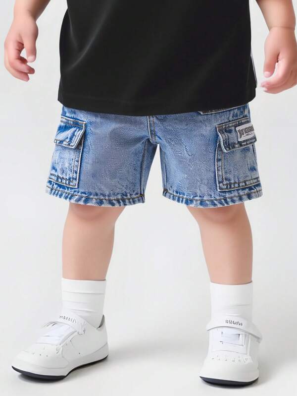 SHEIN Playful Pals Toddler Boys' Casual Multi-Pocket Washed Denim Cargo Shorts