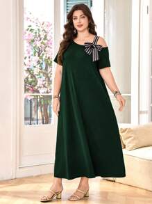 SHEIN Lacomfia Đầm tay ngắn cổ lệch kẻ sọc trang trí nơ cỡ lớn cho nữ - Màu xanh lá cây đậm - Xem 5