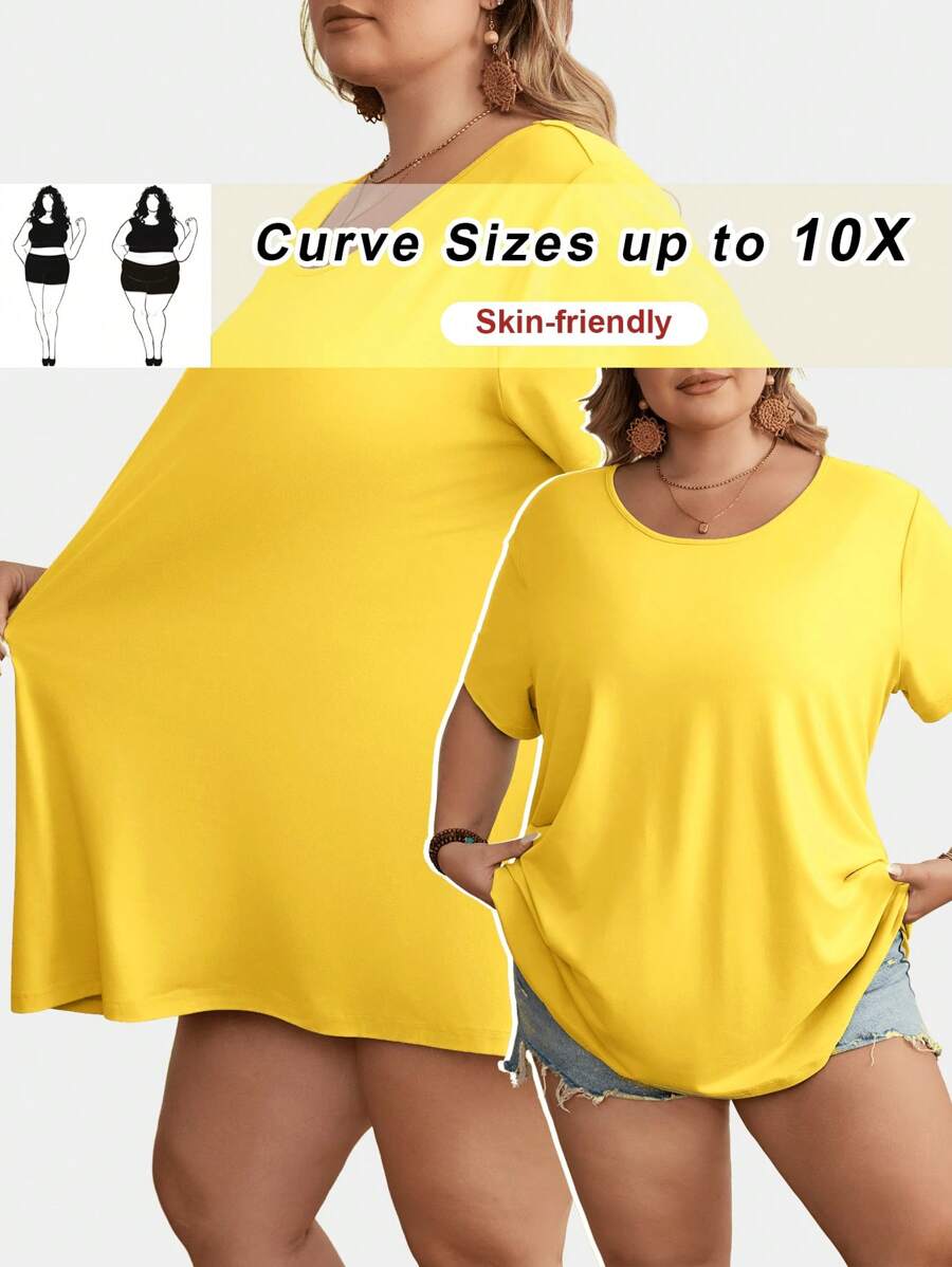 SHEIN CURVE+ Áo thun nữ cỡ lớn cổ tròn tay ngắn màu trơn, kiểu dáng thường ngày, màu vàng mùa hè/Áo thun cỡ lớn mùa hè/Kiểu đồng quê/Kỳ nghỉ biển/Trang phục đi biển - Màu Mù tạt vàng - Xem 1