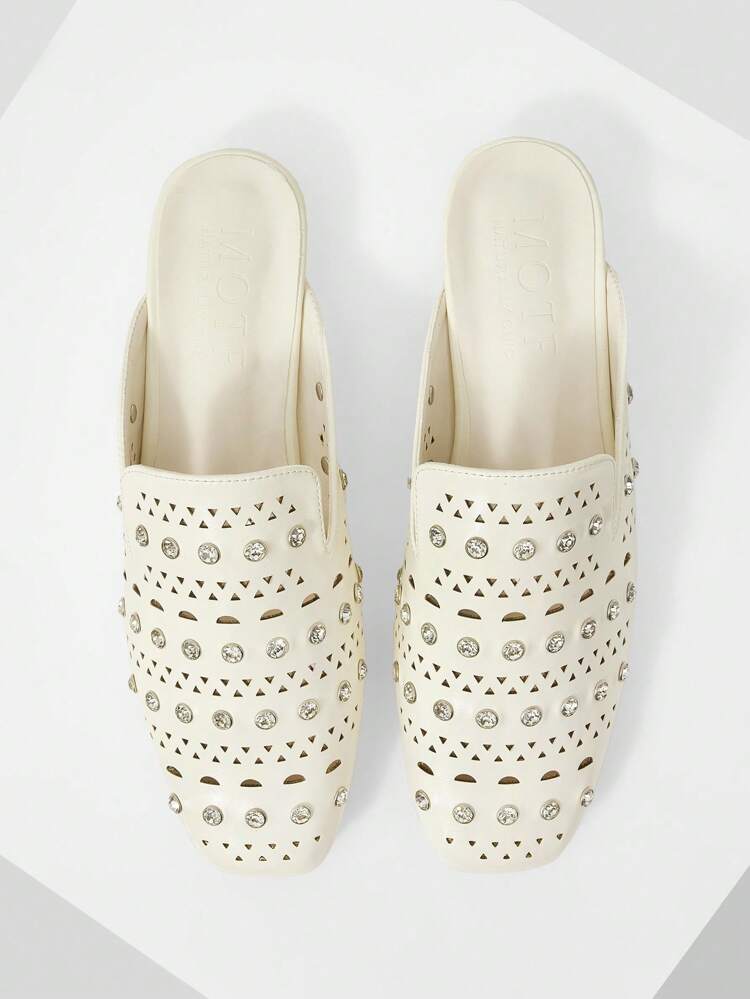 MULE SLIPPERS, SQUARE TOE, FLAT, HOLLOW RHINESTONE DESIGN
