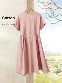 Rusticease Vestido midi casual de mujer de verano con cuello redondo y manga corta en unicolor