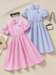 Genkimix Kids 2pcs/Set Tween Girls Blue Striped Collar Short Sleeve Embroidered Waist Dress And Blue Striped Collar Waist Shirt Dress - Multicolor - View 1