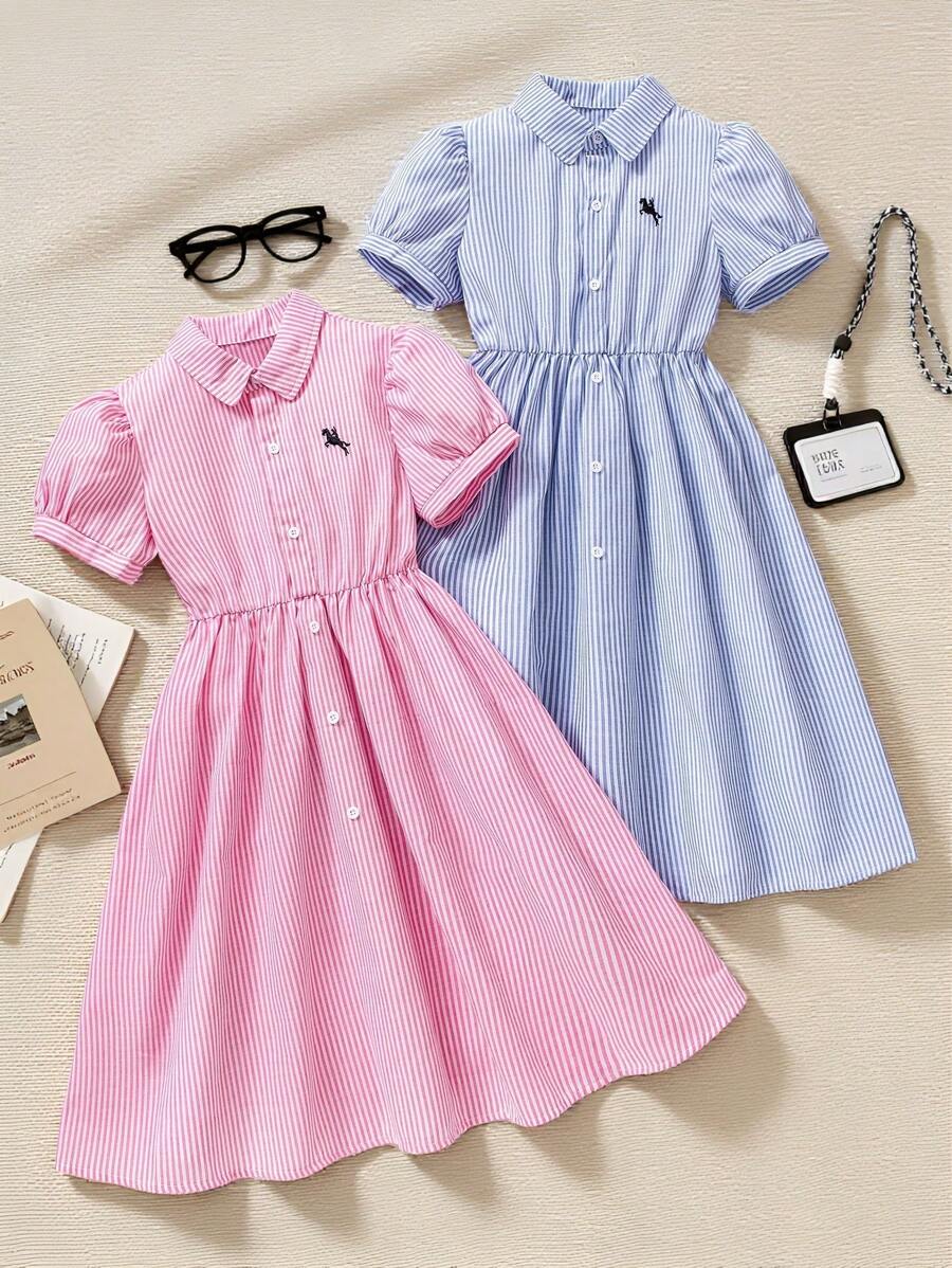 Genkimix Kids 2pcs/Set Tween Girls Blue Striped Collar Short Sleeve Embroidered Waist Dress And Blue Striped Collar Waist Shirt Dress - Multicolor - View 1