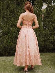 Savoree 2pcs Set: Elegant Women's Summer Vacation Outfit - Camisole Top With Lace-Up Back & Lattice Weave Pattern; Paired With Long Floral Lattice Weave Skirt - Dusty Pink - View 6