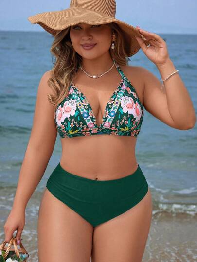 Swim Lushoire Plus Size Random Floral Print Halter Neck 3-Piece Bikini Swimsuits Set For Summer Beach Vacation