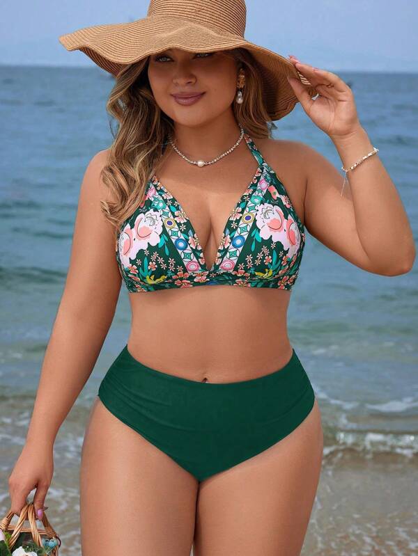 Swim Lushoire Conjunto de biquíni plus size com estampa floral aleatória e decote halter de 3 peças
