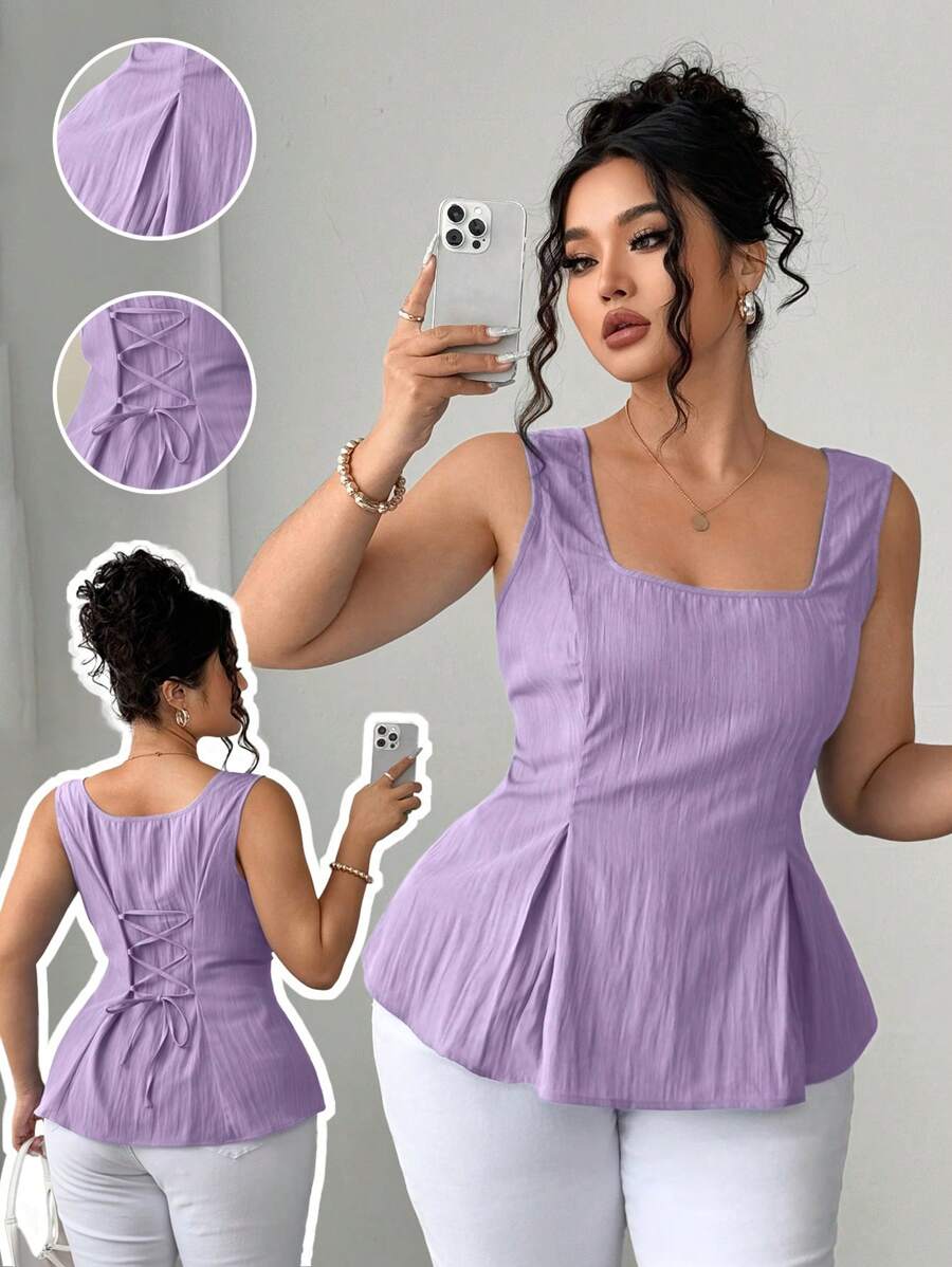 Elenzga Plus Size Women Square Collar Elegant French Style A-Line Waist Shirt Top