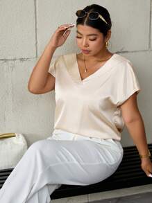 Cravure Plus Size Solid Color V-Neck Summer Casual Fashion Short Sleeve Shirt - Apricot - View 4