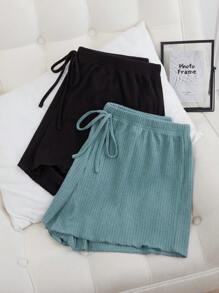 SHEIN 2pcs Plus Size Rib Knit Fake Drawstring Casual Lounge Shorts Sleep Shorts Set