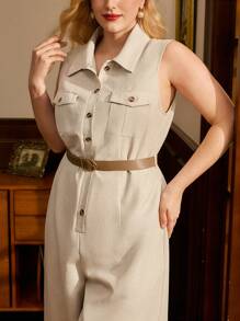 Vintamour Plus Size Women Button Front Sleeveless Pocket Jumpsuit - Khaki - View 6