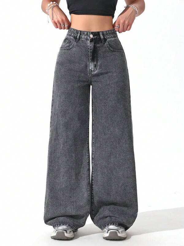 Jeans en denim délavé à taille haute décontractée et jambes évasées