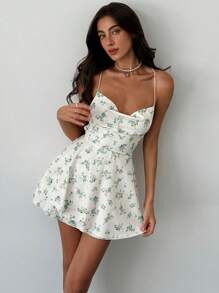 Aloruh 新款碎花露背交叉肩带连体裤，修身迷你长度 - 綠色 - 查看 6