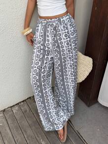 SHEIN Unity Women's Vintage Tropical Totem Print Loose Wide Leg Pants, Lightweight Fabric, Long Length, Casual Wear, Vacation, Beach Fall Cloth For Women - Black and White - View 3