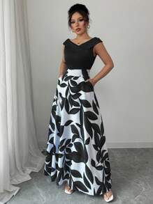 Elenzga 女式蓝色撞色印花设计V领高腰喇叭形休闲度假连衣裙 - 黑色 - 查看 5