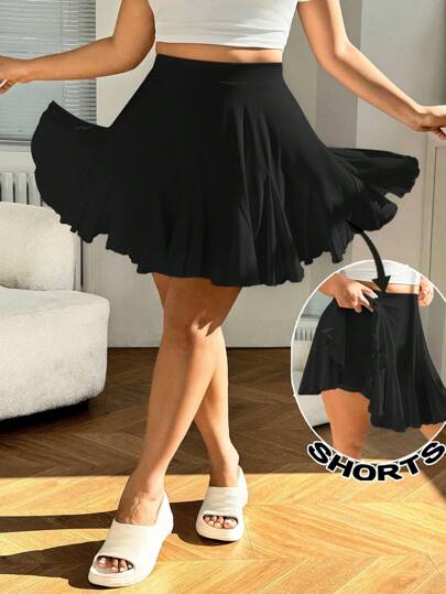 Solflare 加大码黑色休闲宽松A字裙，夏季时尚，黑色荷叶边裙，情人节