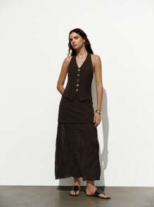 Lumivelle Women's Fashion Minimalist V-Neck Sleeveless Tie Camisole + Chiffon Pleated Hem A-Line Skirt 2 Pieces Set