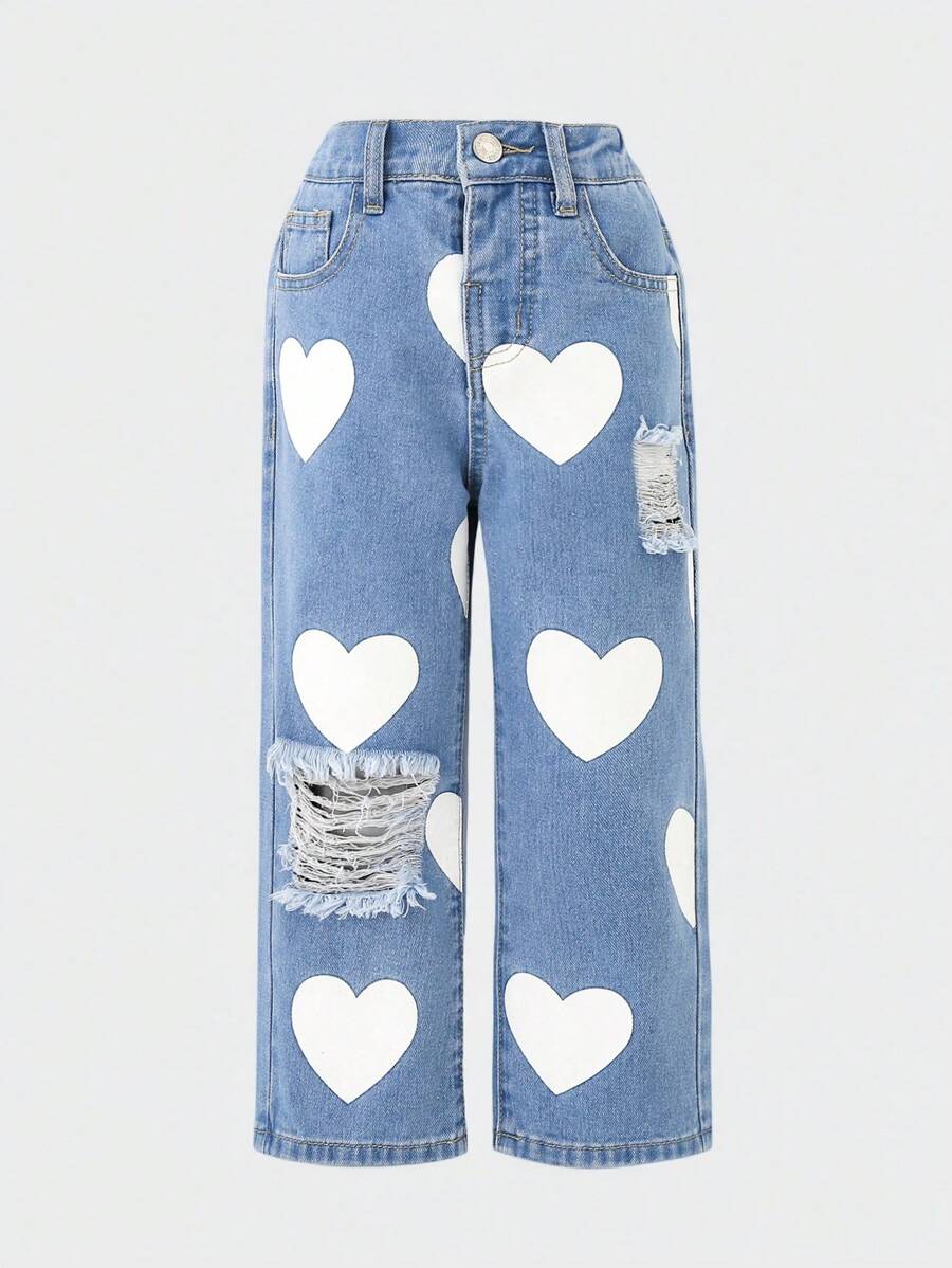 SHEIN Young Girl Casual Heart Printed Distressed Denim Jeans, Cute Farmhouse Style, Vacation, School, Campus, College - Blue - View 1