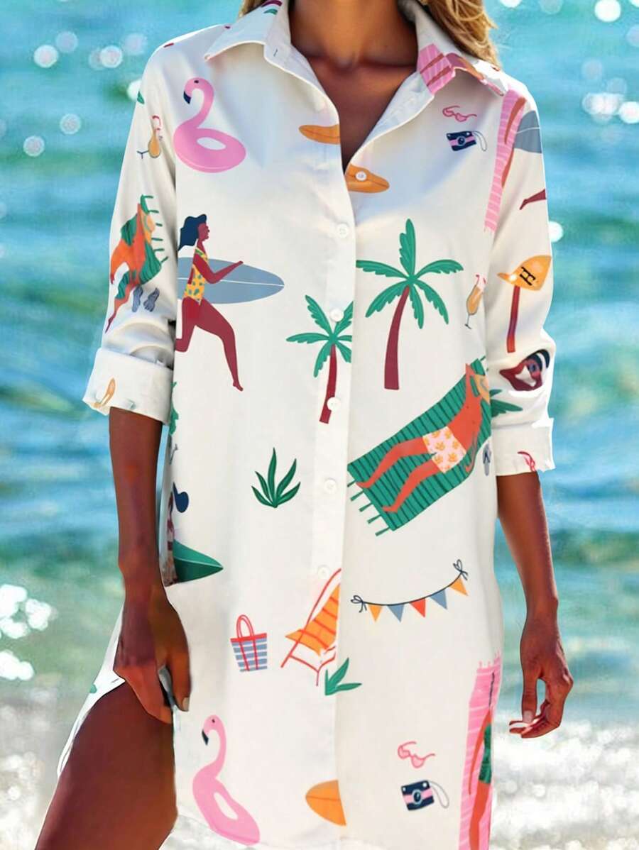 Váy sơ mi dài tay in hình cây cọ ngày lễ cho nữ, hàng khuy đơn - Màu xanh chanh - Xem 1