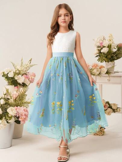 女童无袖圆领刺绣提花 3D 花卉网眼公主裙，优雅适合情人节、婚礼、生日派对、花童和伴娘礼服