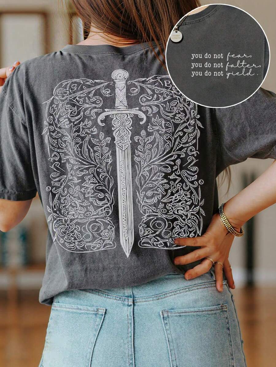 INAWLY 女士圆领印花T恤 - 圆领休闲上衣 - 轻薄T恤，适合所有季节 - 深灰色 - 查看 1