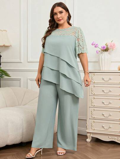 Reflora 大码女式优雅两件套：蕾丝荷叶边上衣和阔腿裤