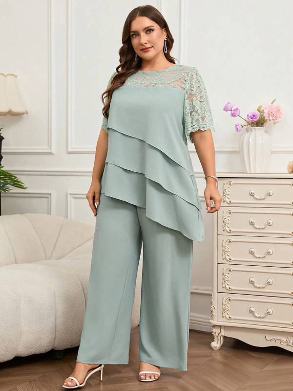 Reflora Conjunto elegante de 2 peças plus size feminino: blusa com babados em renda e calça larga