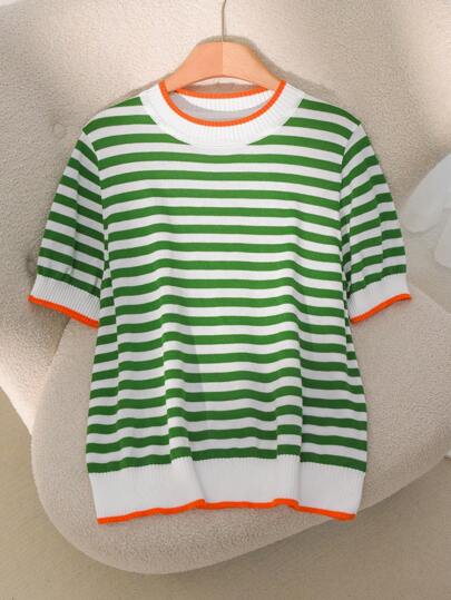 CosyJoli Plus Size Casual Striped Contrast Color Round Neck Short Sleeve Knit Top