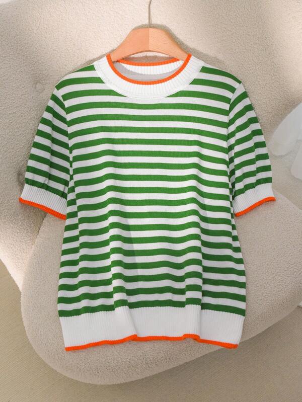 CosyJoli Blusa de punto de manga corta con escote redondo, en talla grande, con rayas y contraste de color