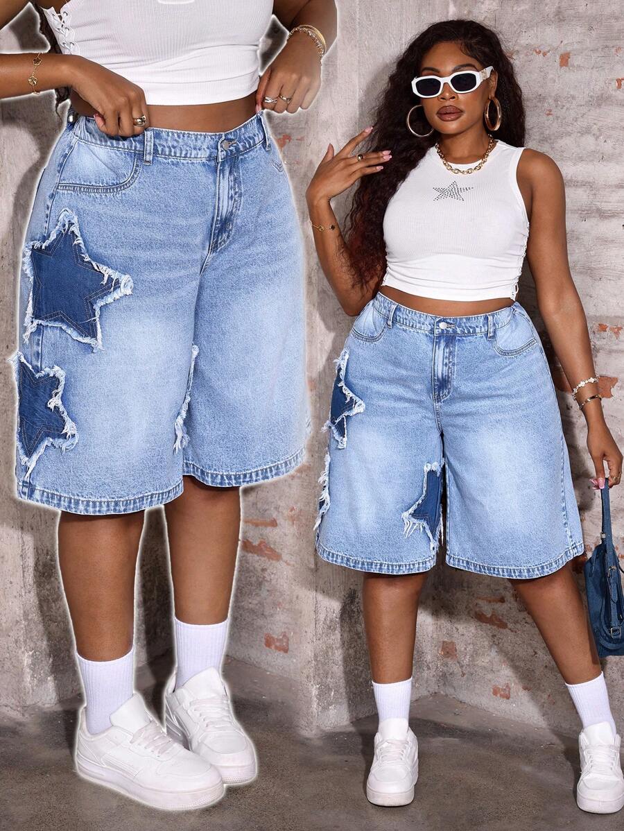 Slaydiva Plus Size Denim Casual Loose Shorts, Star Pattern, Blue Summer Vacation Cowgirl Western Wear Women Business Casual Woman Festival Airport Graduation Ibiza Beach Hawaii Concert Boho Rave Rave Festival Coachella Y2k Women Cowboy Streetwear Gyaru 2000s Disco Mother Day Happy Mother Day
