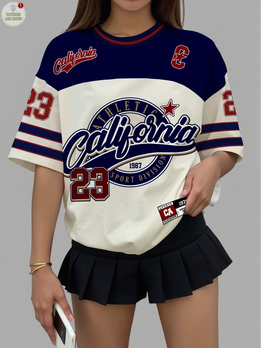 SHEIN Leap Crew 休闲简约复古字母数字徽章图案网眼针织超大 T 恤,适合少女,适合夏季、运动季、时尚上衣、休闲装 - 彩色 - 查看 1