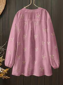 Lacomfia 圆领半开刺绣宽松女士休闲衬衫，白色