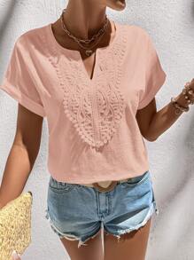 SHEIN LUNE 女士蕾丝拼布水洗棉休闲优雅衬衫 - 粉色 - 查看 6