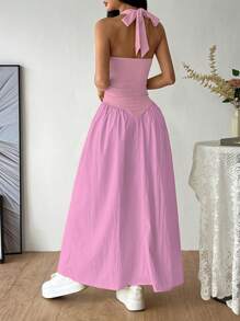 SHEIN Unity Slit Neck Backless Tie Waist Pleated Dress - Pink - View 2