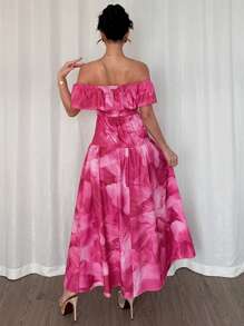 Elenzga Randomly Floral Pattern Elastic Waist Ruffle Hem Maxi Dress, Purple & Pink Tie-Dye Slim Fit Sleeveless Bohemian Holiday Dress For Women, Spring/Summer Elegant Suitable For Date, Travel, Graduation