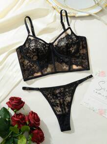 Ladies Lace Patchwork Sexy Underwear Lingerie Set 2 Pieces - Black - View 6